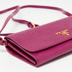 Pre Owned Prada Pink Vitello Move Leather Wallet On Strap