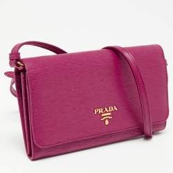 Pre Owned Prada Pink Vitello Move Leather Wallet On Strap