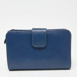 Pre Owned Prada Blue Saffiano Metal Leather Flap French Wallet