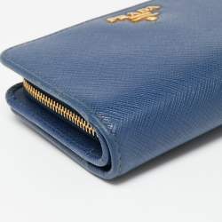 Pre Owned Prada Blue Saffiano Metal Leather Flap French Wallet