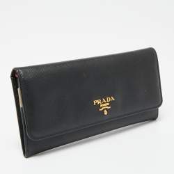 Pre Owned Prada Black Saffiano Metal Leather Logo Flap Continental Wallet