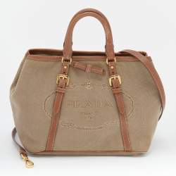 Pre Owned Prada Beige/Brown Canvas and Leather Tote