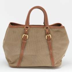 Pre Owned Prada Beige/Brown Canvas and Leather Tote