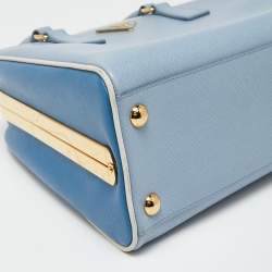 Pre Owned Prada Two Tone Blue Saffiano Lux Leather Pyramid Frame Satchel
