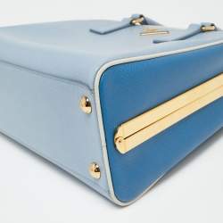 Pre Owned Prada Two Tone Blue Saffiano Lux Leather Pyramid Frame Satchel