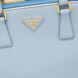 Pre Owned Prada Two Tone Blue Saffiano Lux Leather Pyramid Frame Satchel