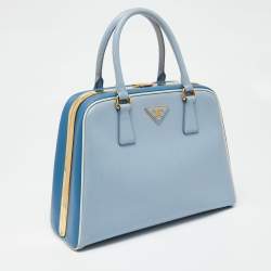Pre Owned Prada Two Tone Blue Saffiano Lux Leather Pyramid Frame Satchel