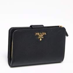 Pre Owned Prada Black Saffiano Metal Leather Logo French Wallet