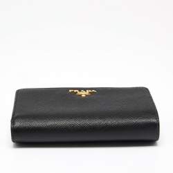 Pre Owned Prada Black Saffiano Metal Leather Logo French Wallet