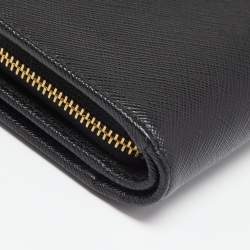 Pre Owned Prada Black Saffiano Metal Leather Logo French Wallet