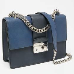 Pre Owned Prada Two-Tone Saffiano Leather Small Sound Flap Chain Shoulder Bag