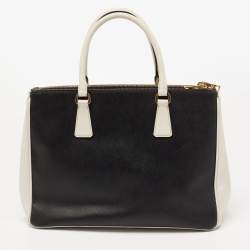 Pre Owned Prada White/Black Saffiano Lux Leather Medium Double Zip Tote