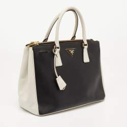 Pre Owned Prada White/Black Saffiano Lux Leather Medium Double Zip Tote