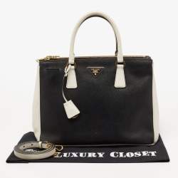 Pre Owned Prada White/Black Saffiano Lux Leather Medium Double Zip Tote