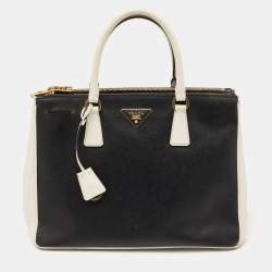 Pre Owned Prada White/Black Saffiano Lux Leather Medium Double Zip Tote