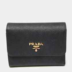 Pre Owned Prada Black Saffiano Metal Leather Logo Compact Wallet