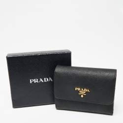 Pre Owned Prada Black Saffiano Metal Leather Logo Compact Wallet