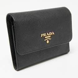 Pre Owned Prada Black Saffiano Metal Leather Logo Compact Wallet