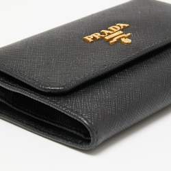 Pre Owned Prada Black Saffiano Metal Leather Logo Compact Wallet
