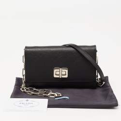 Pre Owned Prada Black Saffiano Lux Leather Turnlok Flap Wallet on Chain