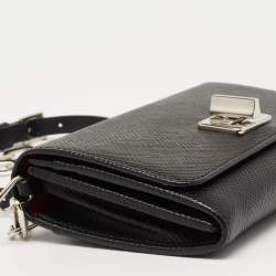 Pre Owned Prada Black Saffiano Lux Leather Turnlok Flap Wallet on Chain