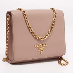 Pre Owned Prada Beige Saffiano Lux Leather Flap Chain Clutch