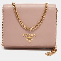 Pre Owned Prada Beige Saffiano Lux Leather Flap Chain Clutch