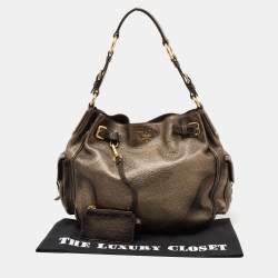 Pre Owned Prada Metallic Moss Vitello Daino Leather Side Pocket Hobo