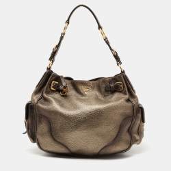 Pre Owned Prada Metallic Moss Vitello Daino Leather Side Pocket Hobo
