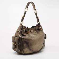 Pre Owned Prada Metallic Moss Vitello Daino Leather Side Pocket Hobo