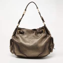 Pre Owned Prada Metallic Moss Vitello Daino Leather Side Pocket Hobo