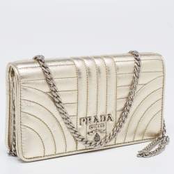 Pre Owned Prada Gold Quilted Leather Diagramme Impunture Wallet On Chain