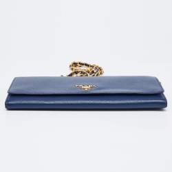 Pre Owned Prada Navy Blue Saffiano Metal Leather Logo Wallet on Chain