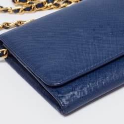 Pre Owned Prada Navy Blue Saffiano Metal Leather Logo Wallet on Chain