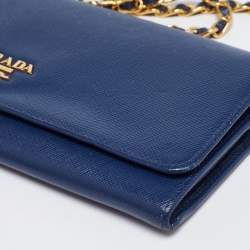 Pre Owned Prada Navy Blue Saffiano Metal Leather Logo Wallet on Chain