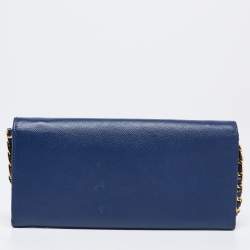 Pre Owned Prada Navy Blue Saffiano Metal Leather Logo Wallet on Chain