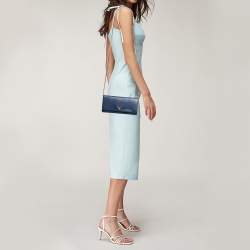 Pre Owned Prada Navy Blue Saffiano Metal Leather Logo Wallet on Chain