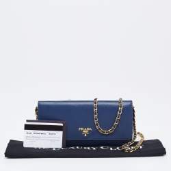 Pre Owned Prada Navy Blue Saffiano Metal Leather Logo Wallet on Chain