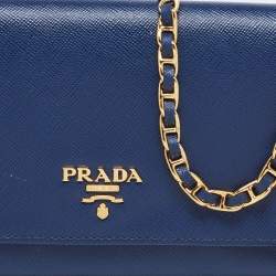 Pre Owned Prada Navy Blue Saffiano Metal Leather Logo Wallet on Chain