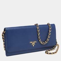 Pre Owned Prada Navy Blue Saffiano Metal Leather Logo Wallet on Chain