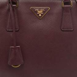 Pre Owned Prada Burgundy Saffiano Lux Leather Large Galleria Double Zip Tote
