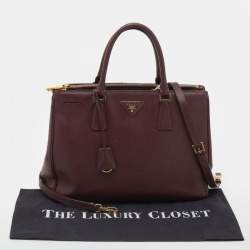 Pre Owned Prada Burgundy Saffiano Lux Leather Large Galleria Double Zip Tote