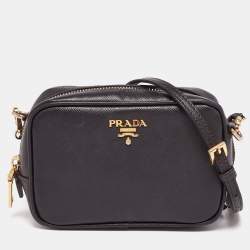 Prada Black Saffiano Leather Mini Zip Top Camera Sling Bag Prada