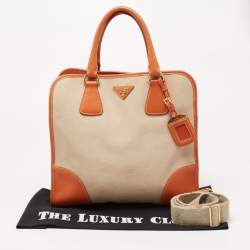 Pre Owned Prada Beige/Orange Canvas and Leather Canapa Tote