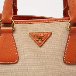 Pre Owned Prada Beige/Orange Canvas and Leather Canapa Tote