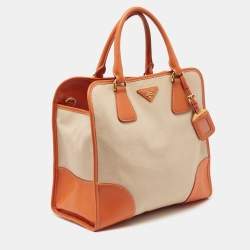 Pre Owned Prada Beige/Orange Canvas and Leather Canapa Tote