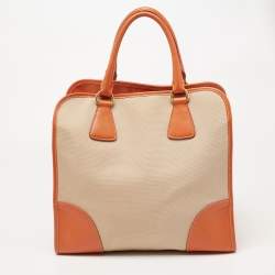 Pre Owned Prada Beige/Orange Canvas and Leather Canapa Tote