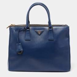 Pre Owned Prada Blue Saffiano Lux Leather Large Galleria Double Zip Tote