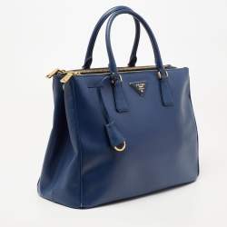 Pre Owned Prada Blue Saffiano Lux Leather Large Galleria Double Zip Tote