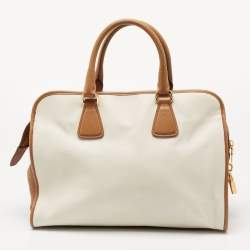 Pre Owned Prada Brown/Off White Saffiano Lux Leather Canapa Tote